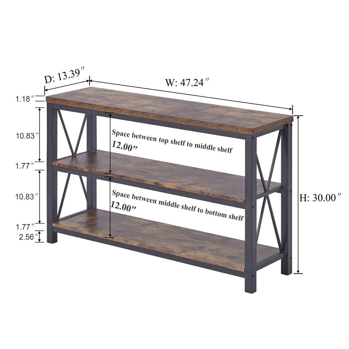 BON AUGURE Industrial Sofa Console Table for Entryway, 3 Tier Foyer Table for Hallway, Rustic Hall Tables Behind Couch (47 Inch, Rustic Brown) BON AUGURE