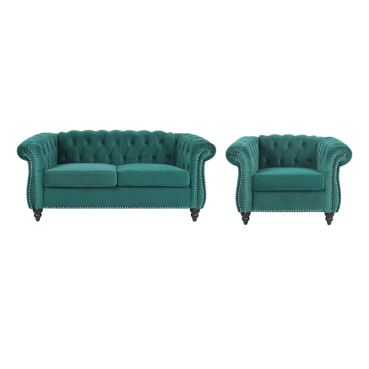 RARZOE 2 Pieces Living Room Furniture - Chesterfield Style Sofa Set with Nailhead Trim Scroll Arms, Green RARZOE