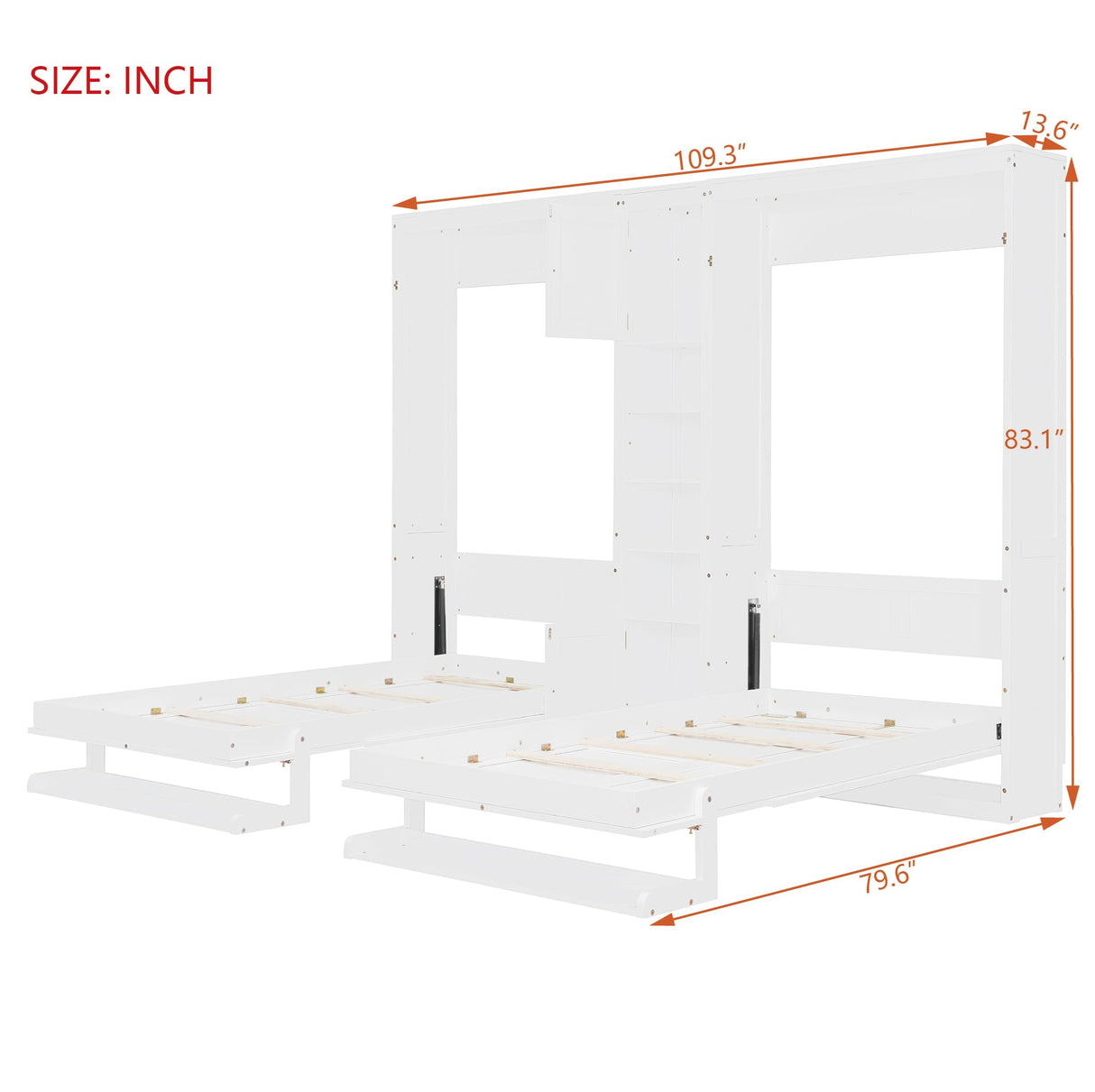 SOFTSEA Twin and Twin Size Dual Murphy Bed with Cabinets and Shelves, Hideaway Platform Bed Frame with 2 Cabinets, 2 in 1 Design, for Home Guest Room, White SOFTSEA
