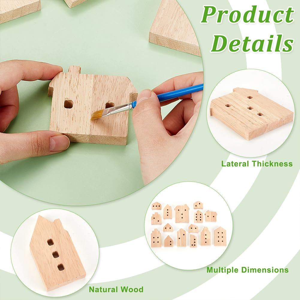 OLYCRAFT 15Pcs Unfinished Wooden House Shaped Blocks House Blank Wood Cutouts Wood Blocks with Hole Wooden Display Decoration Pieces for Home Kitchen Office Shelf Coffee Bar Decor -15 Styles OLYCRAFT