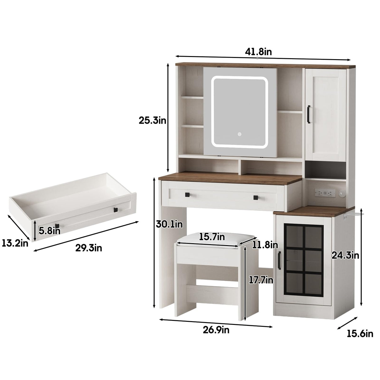 Vabches Makeup Vanity Desk with Sliding Mirror, 41.8'' White Farmhouse Vanity Table with Stool, Jewelry Cabinet & Charging Station, Large Drawer, Visual Cabinet, 3 Lighting Modes, Adjustable Shelves Vabches