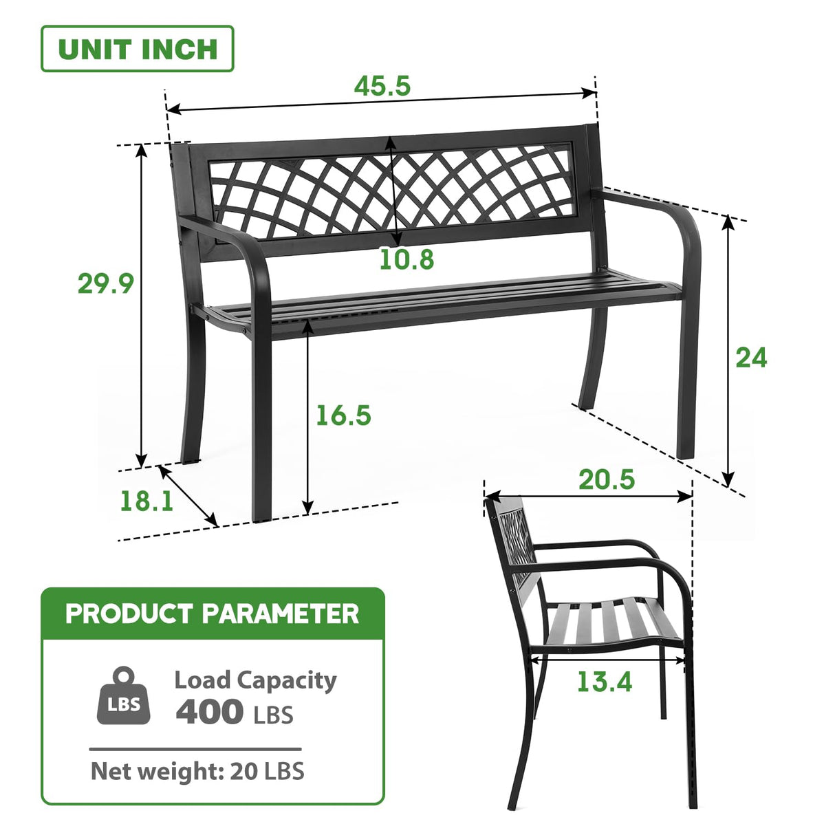 Garden Bench Bench Park Outdoor Bench for Patio Metal Bench Park Bench with Plastic Backrest Armrests Sturdy Steel Frame Furniture for Yard Porch Work Entryway, Black FDW