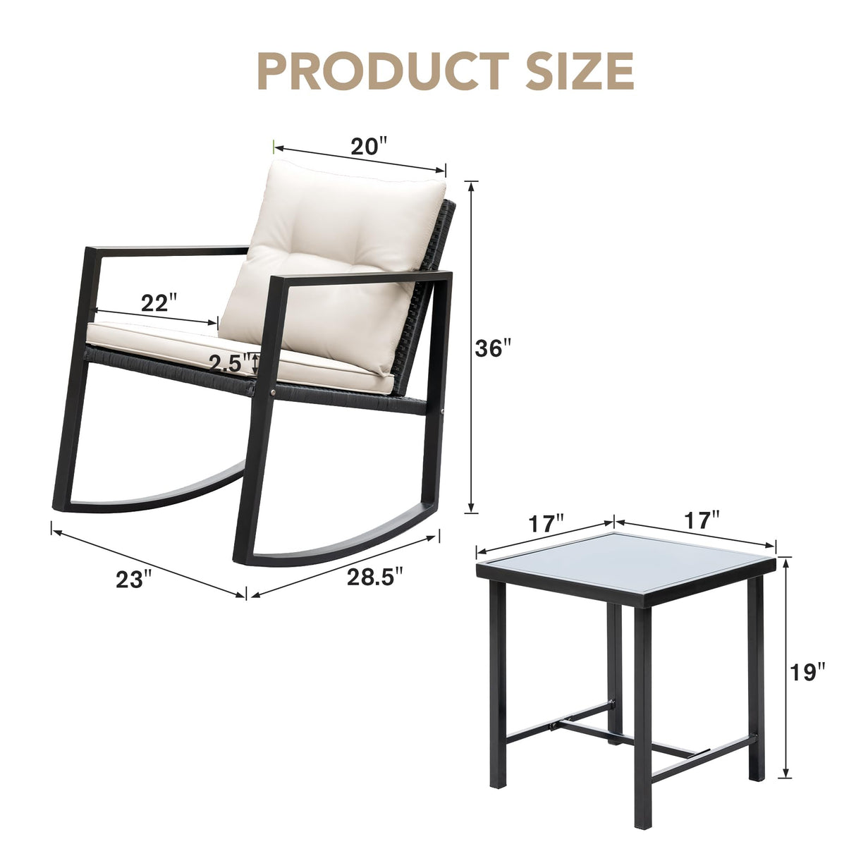 Devoko 3 Piece Rocking Bistro Set Wicker Patio Outdoor Furniture Porch Chairs Conversation Sets with Glass Coffee Table (Beige) Devoko