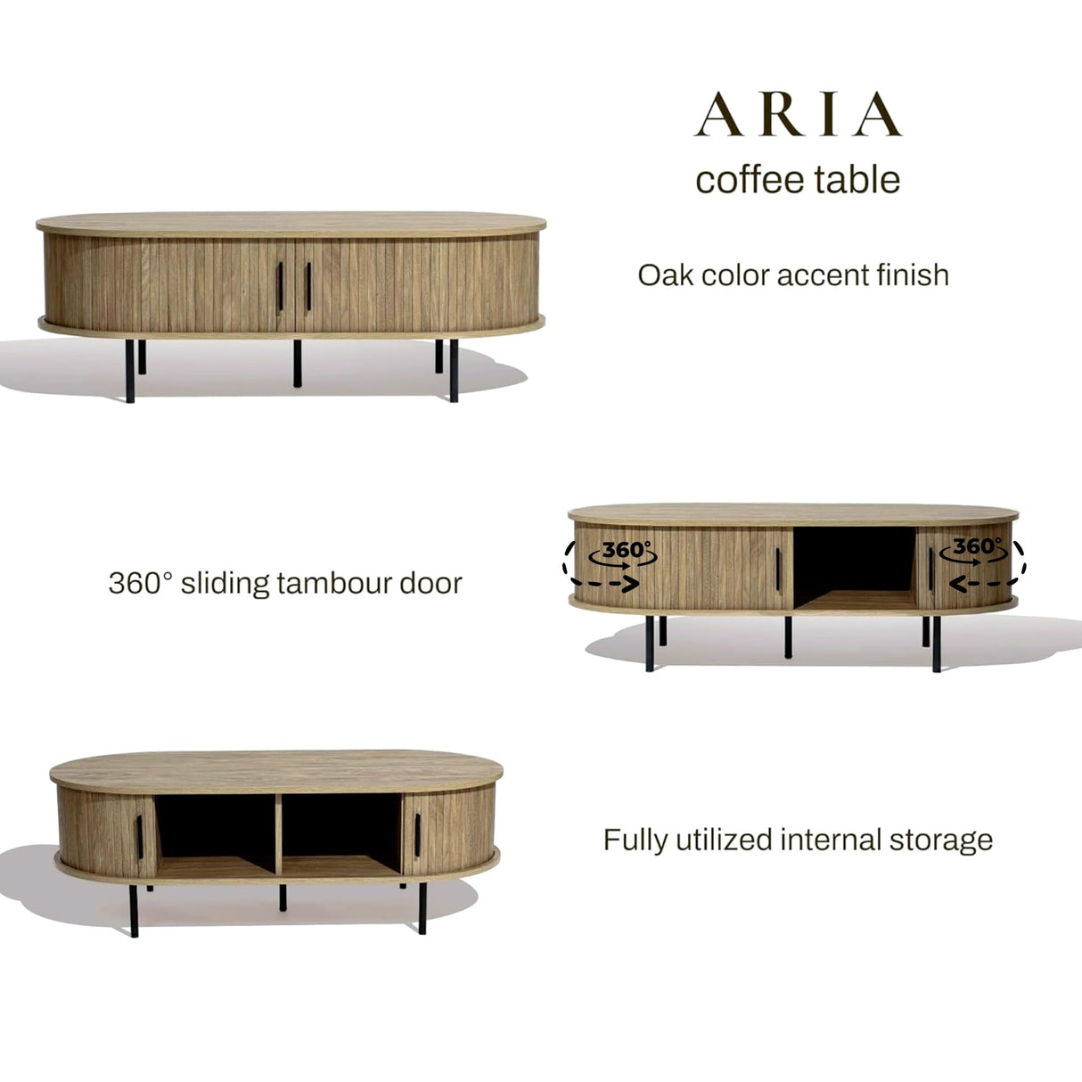 LuxenHome Oval Coffee Table with Storage, 47" Mid Century Modern Fluted Coffee Tables for Living Room, Wooden Sliding Door Boho Storage Center Table for Home, Office LuxenHöme