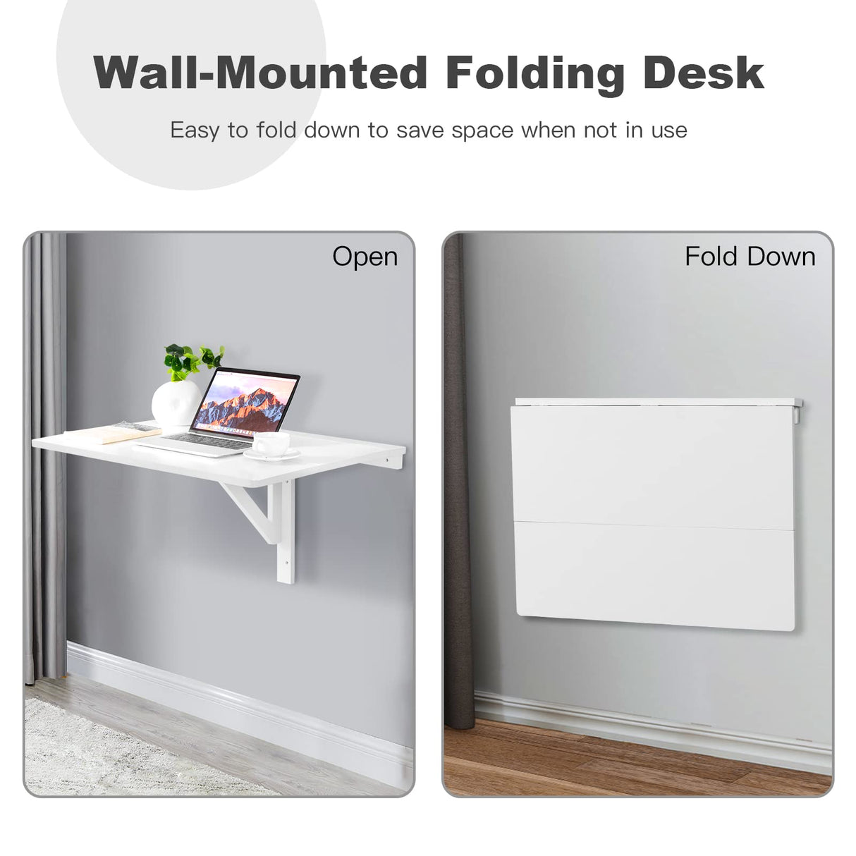 IFANNY Wall Mounted Folding Desk, Fold Down Desk Drop Leaf Table, Laundry Folding Table, Wood Floating Desk for Wall, Foldable Computer Desk Wall Mount, Wall Desks for Small Spaces (White) IFANNY