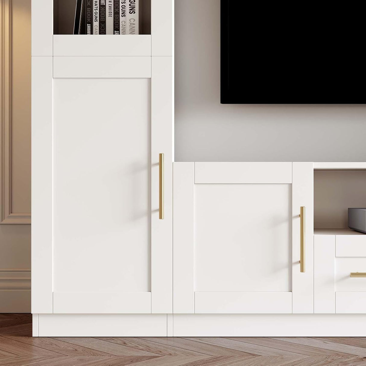 Entertainment Wall Unit: 4-Piece TV Stand with Bookshelves & Storage, Media Center for Living Room, Up to 70" TVs, White Bobve