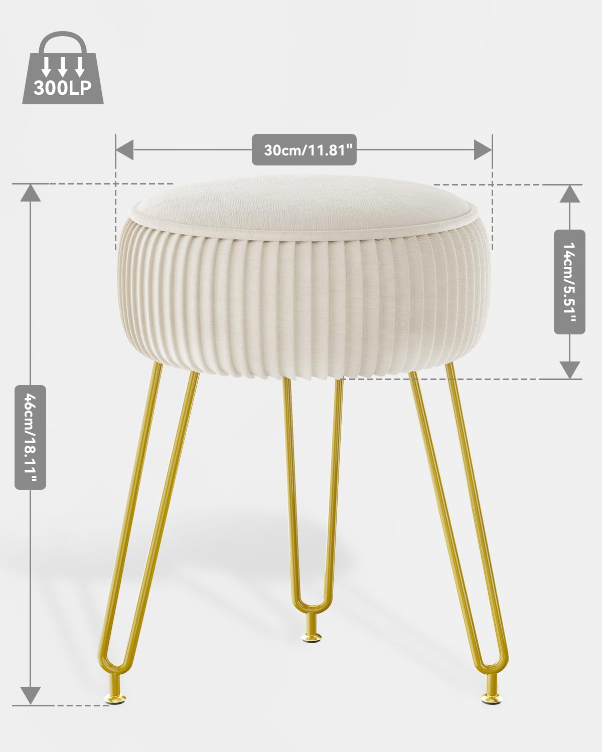 IBUYKE Velvet Round Footrest Stool Ottoman, Makeup Vanity Stool Side Table, Velvet Dressing Table Seat, Pouf Couch Stool, Golden Steel Legs, Creamy-White LG-30M IBUYKE