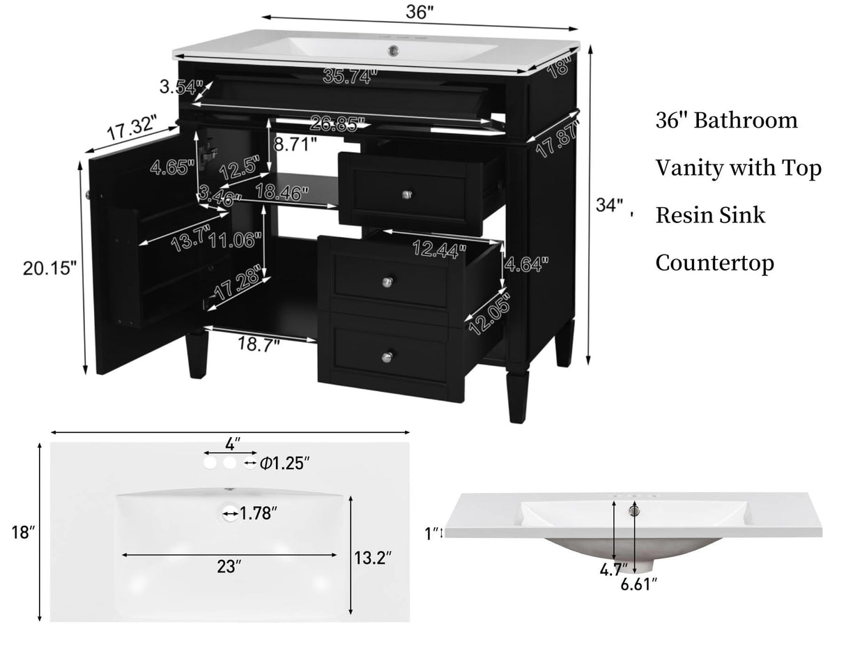 Merax 36'' Bathroom Vanity with Top Single Resin Sink Countertop, Solid Wood Frame Modern Storage Cabinet, Tip-Out Drawer, Soft Closing Doors, Black Merax