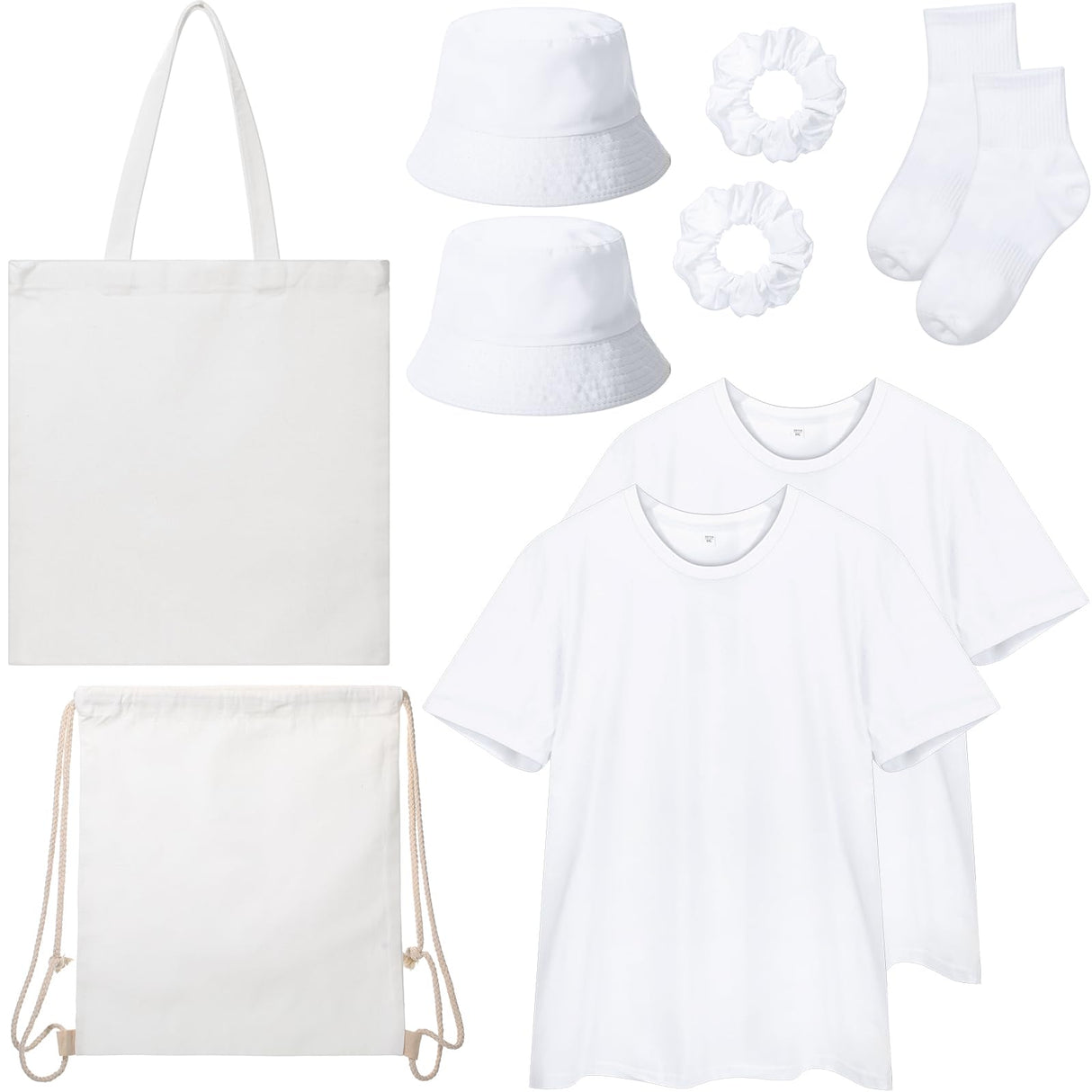 Geyoga 11pcs Sublimation Blanks Softstyle CVC T Shirts Tote Canvas Bags Bucket Hats Scrunchies Drawstring Bags Backpacks Socks Tie Dye Embroidery Kit Geyoga