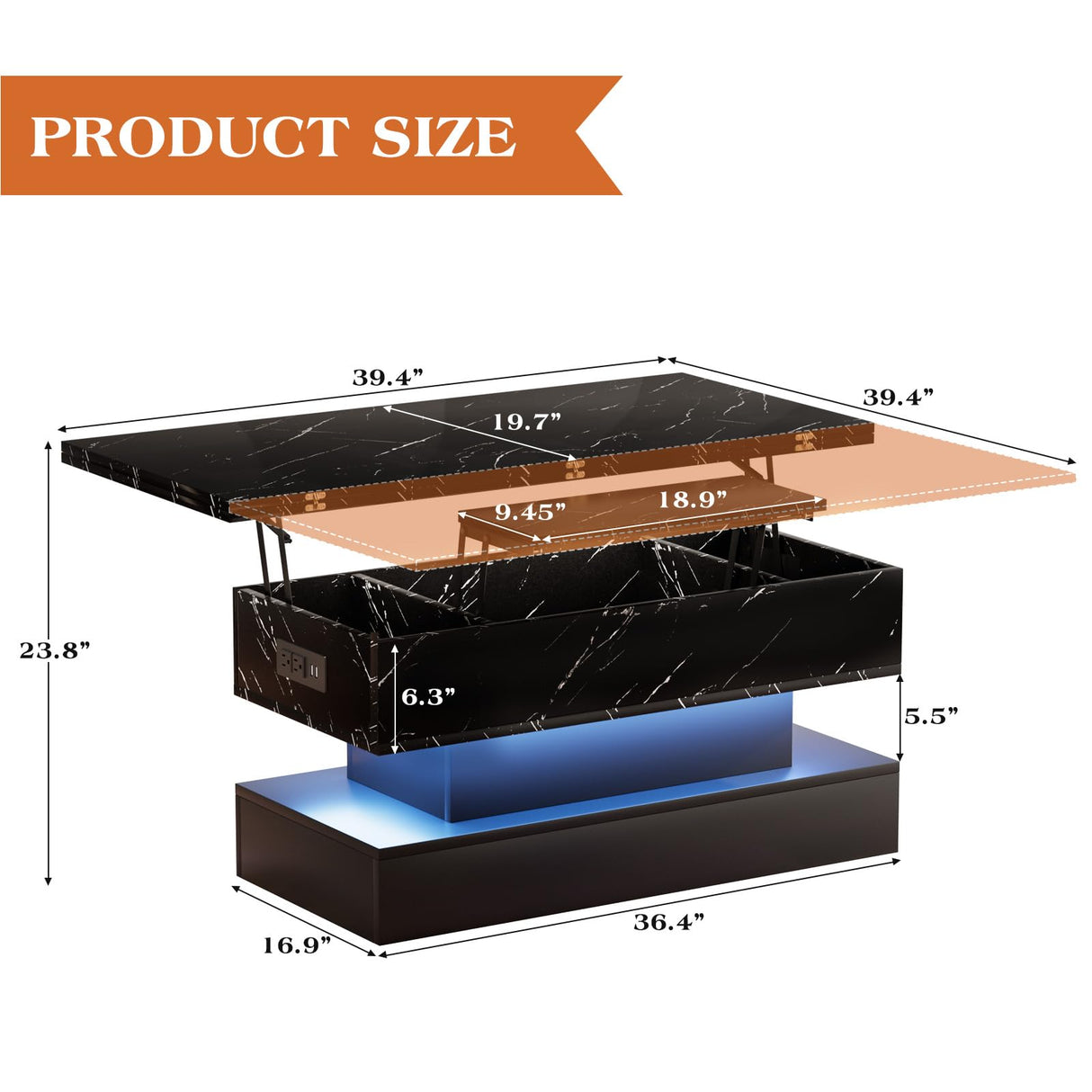SYESWAY Lift Top Coffee Table with Charging Station, Modern High Glossy Coffee Table with LED Light, 3 in 1 Multifunctional Coffee Table with Storage & Hidden Compartments for Living Room, Black SYESWAY