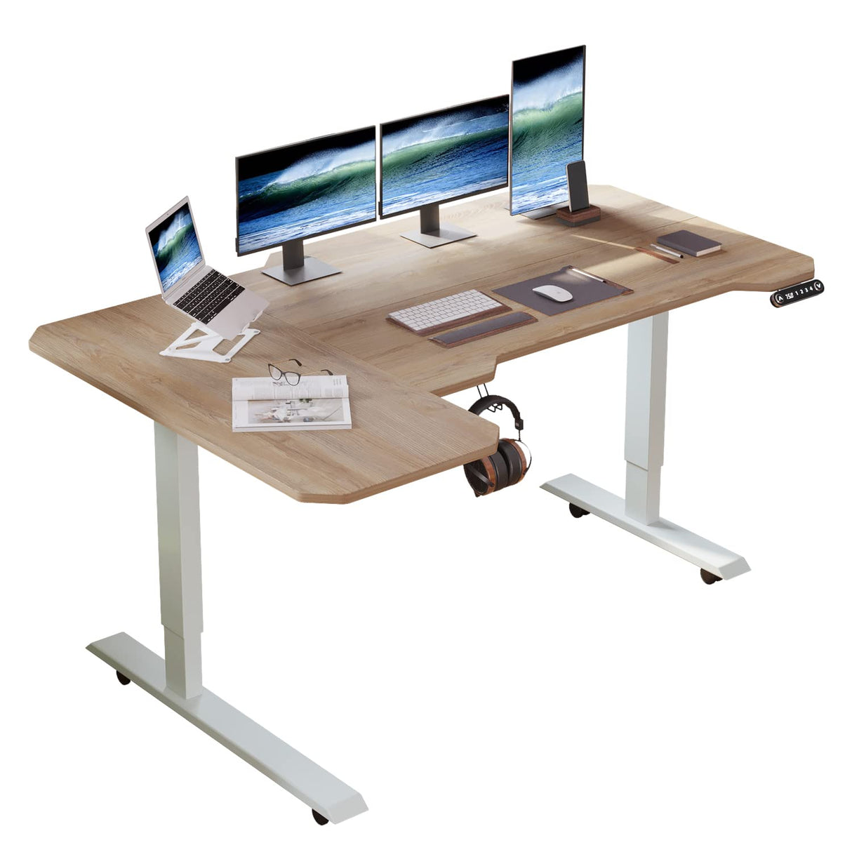 BUNOEM L-Shaped 59" Height Adjustable Electric Standing Desk,Height Stand Up Computer Desk,Sit and Stand Home Office Desk with Splice Board (Oak Top, White Frame) BUNOEM