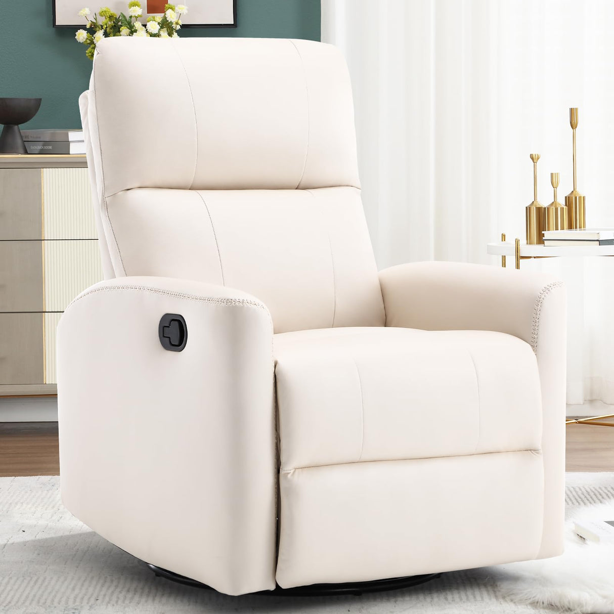 HAOMARKETS Swivel Rocker Recliner Chair, Manual Faux Leather Glider Rocking Recliners for Adults, 360° Swivel Nursery Reclining Sofa with Padded Backrest for Living Room, White HAOMARKETS