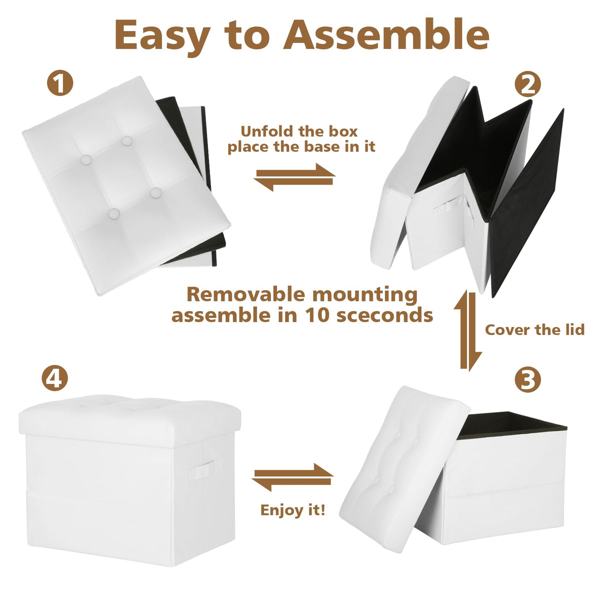 BelugaHelper Ottoman with Storage. Leather Foldable Ottomans with Thick Foam Padded Seat. Foot Rest Stool Storage for Living Room and Bedroom. Side Pockets and Handles Designed. 17x13x13in, White BelugaHelper