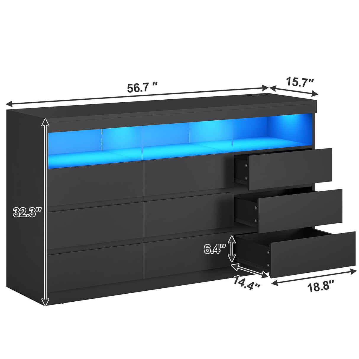 BTHFST Dresser Chest of Drawers with RGB Lights, Power Outlet & Open Shelves, 56.7" W Wood Bedroom Dresser, No-Handle Modern Dresser for Living Room Entryway, Black BTHFST