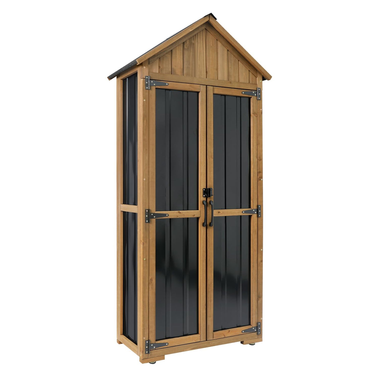 Ketive Outdoor Storage Cabinet – Weatherproof Wood & Metal Storage Shed with Adjustable Shelf, Lockable Doors, and Stability Features for Garden, Patio, and Backyard, 27 1/2”x 13”x 67” (Brown+Black) ketive