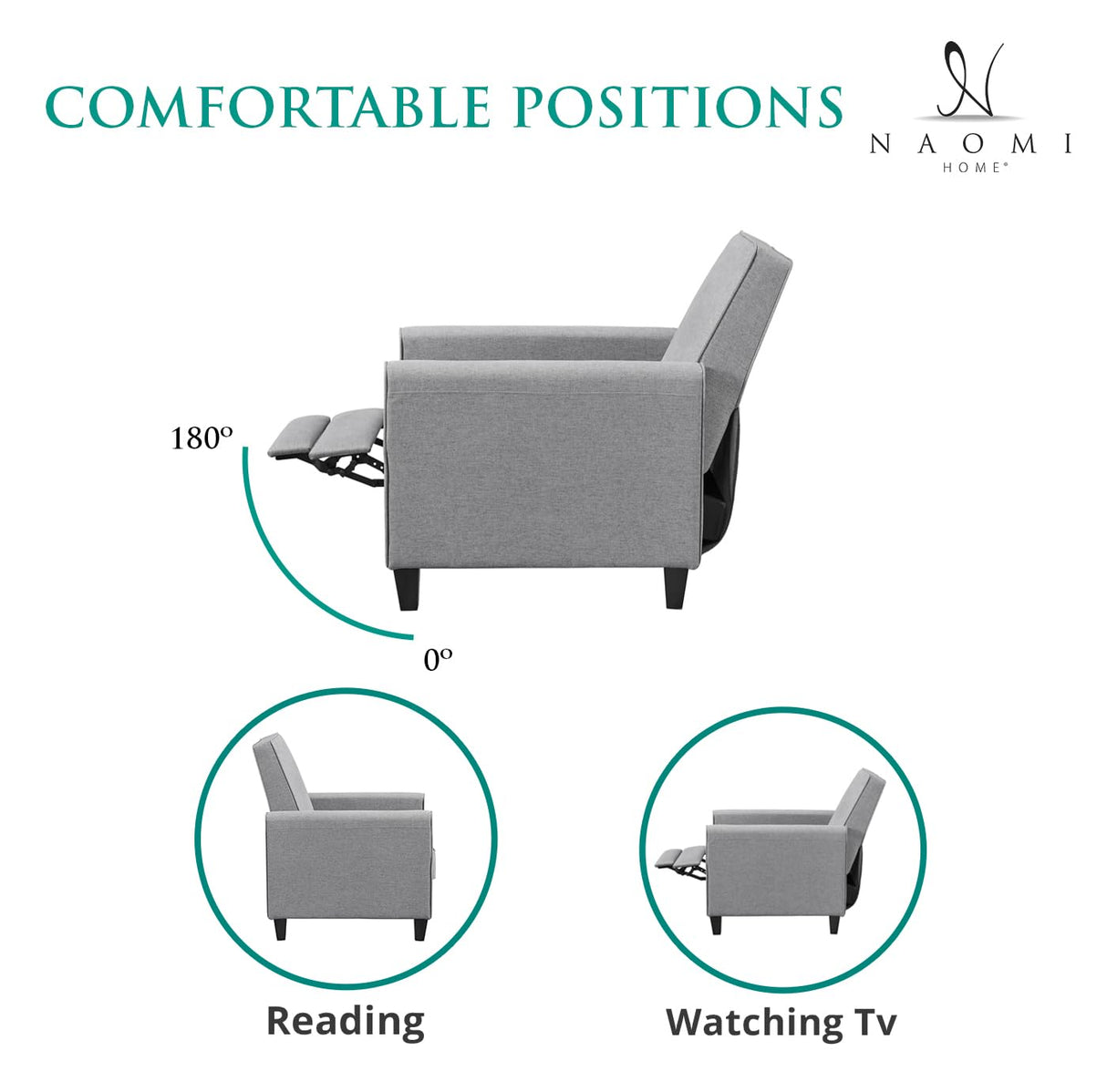 Naomi Home Landon Gray Microfiber Push-Back Recliner, Compact Comfort for Small Spaces, Plush Cushioning, Modern Armless Club Chair Naomi Home