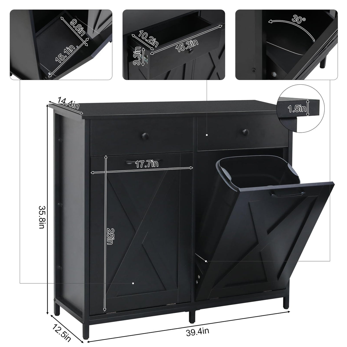 Clevich Double Tilt Out Trash Cabinet 20 Gal, Kitchen Wooden Recycling Cabinet, Hidden Trash Can Holder w/Drawers & Tabletop, Dog-Proof Trash Bin Cabinet, Trash Bins NOT Included(Black) Clevich