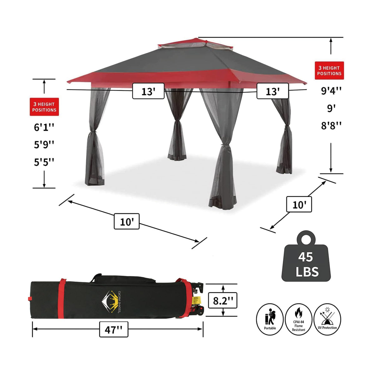 CROWN SHADES 13x13 Pop Up Gazebo, Canopy Tent, Gazebos on Clearance - Outdoor Gazebo for Backyard & Patio Furniture - Carpa Pop Up Tent with Wheeled STO-N-Go Cover Bag (Red & Grey) CROWN SHADES
