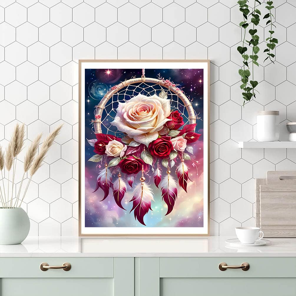 ijbnhd Rose Dream Catcher Diamond Painting Art Kit for Adults Rose Diamond Art Painting for Beginners Full Drill Round Gem Art Painting for Crafts Home Wall Decor Gift 12x16inch ijbnhd