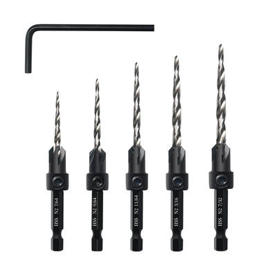 AIMLENTOOL Countersink Drill Bit Set, 5PCS Tapered Drill Bits, M2 Countersink Set with 1/4" Hex Shank Quick Change and 1 Allen Wrench for Woodworking, Pilot Screw Hole Set for Soft & Hard Wood