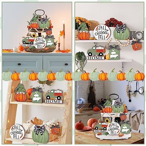 Uruney Fall Tiered Tray Decor, Green Farmhouse Pumpkin Tray Decorations, Gnome Truck Buffalo Plaid Wooden Signs Bead Garland, Rustic Thanksgiving Harvest Autumn Decorations for Home Table Shelf Uruney