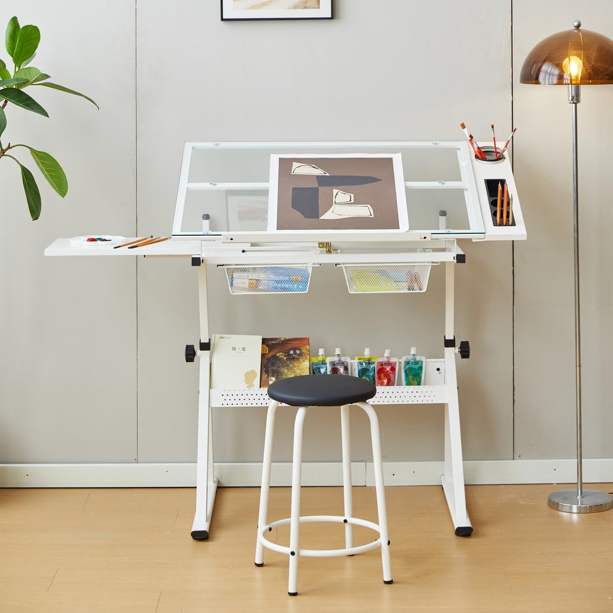 Roockky Drafting Table, 0-75° Tilting Glass Tabletop Drawing Table with Stool - Adjustable Height Art Desk with Multi-Storage for Sketching and Painting - Perfect for Artists and Hobbyists, White Roockky