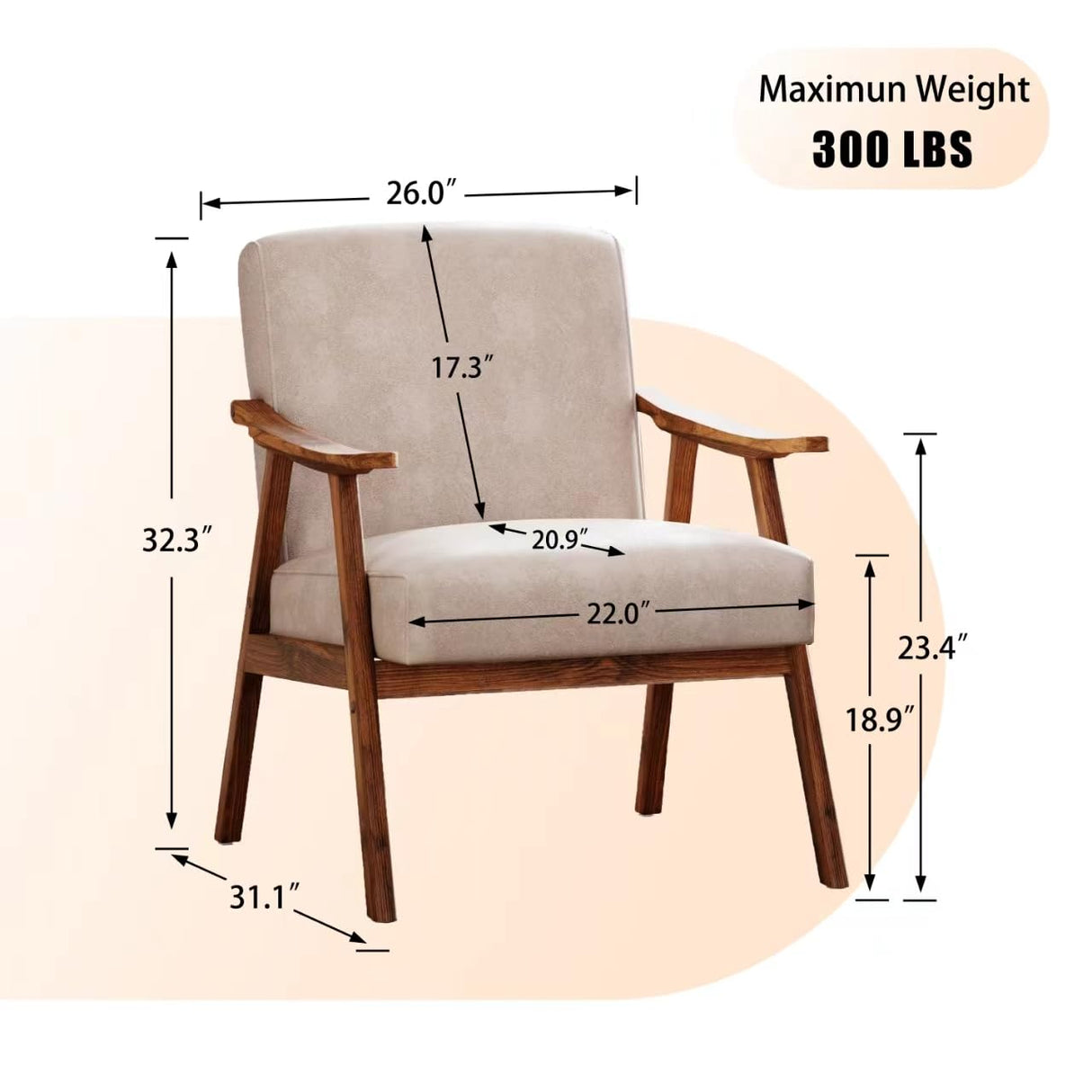 COCONINO WJ Mid Century Accent Chair, Boho Farmhouse Accent Chairs for Living Room, Retro Single Lounge Reading Armchair with Solid Wood Frame (Polyester Fabric in Light Camel) COCONINO WJ