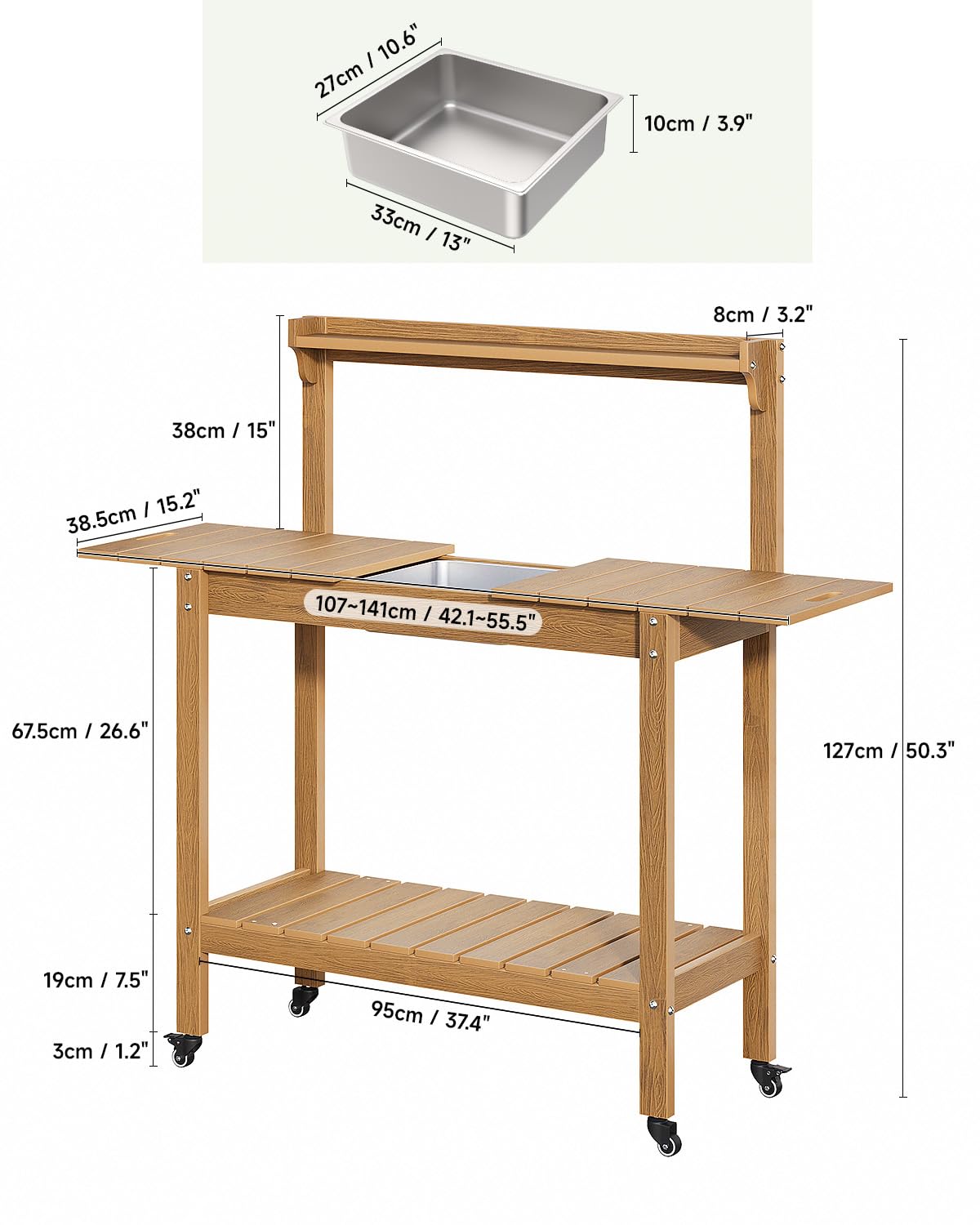 HDPS Outdoor Potting Bench with Sliding Tabletop/ 4 Wheels/Removable Sink, All-Weather Outside Garden Work Table, No Rust/Fade/Break, Potting Station for Porch, Patio & Backyard (Teak) ONBRILL