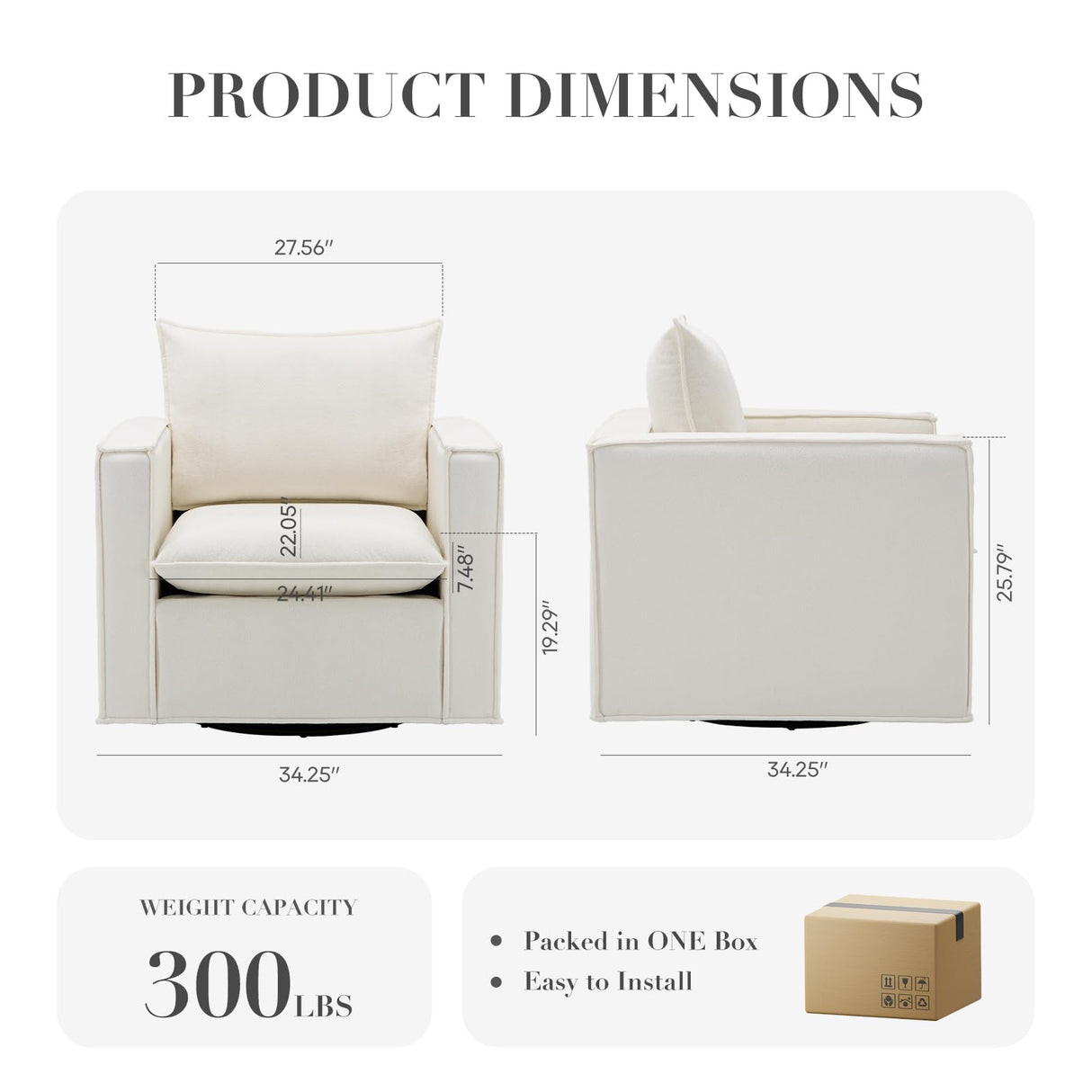 Swivel Accent Chair, 34 Inches Wide Upholstered Arm Chair with Plump Back Pillow, Modern Sofa Living Room Chair for Bedroom, Corner, Reading Nook-Beige COLAMY