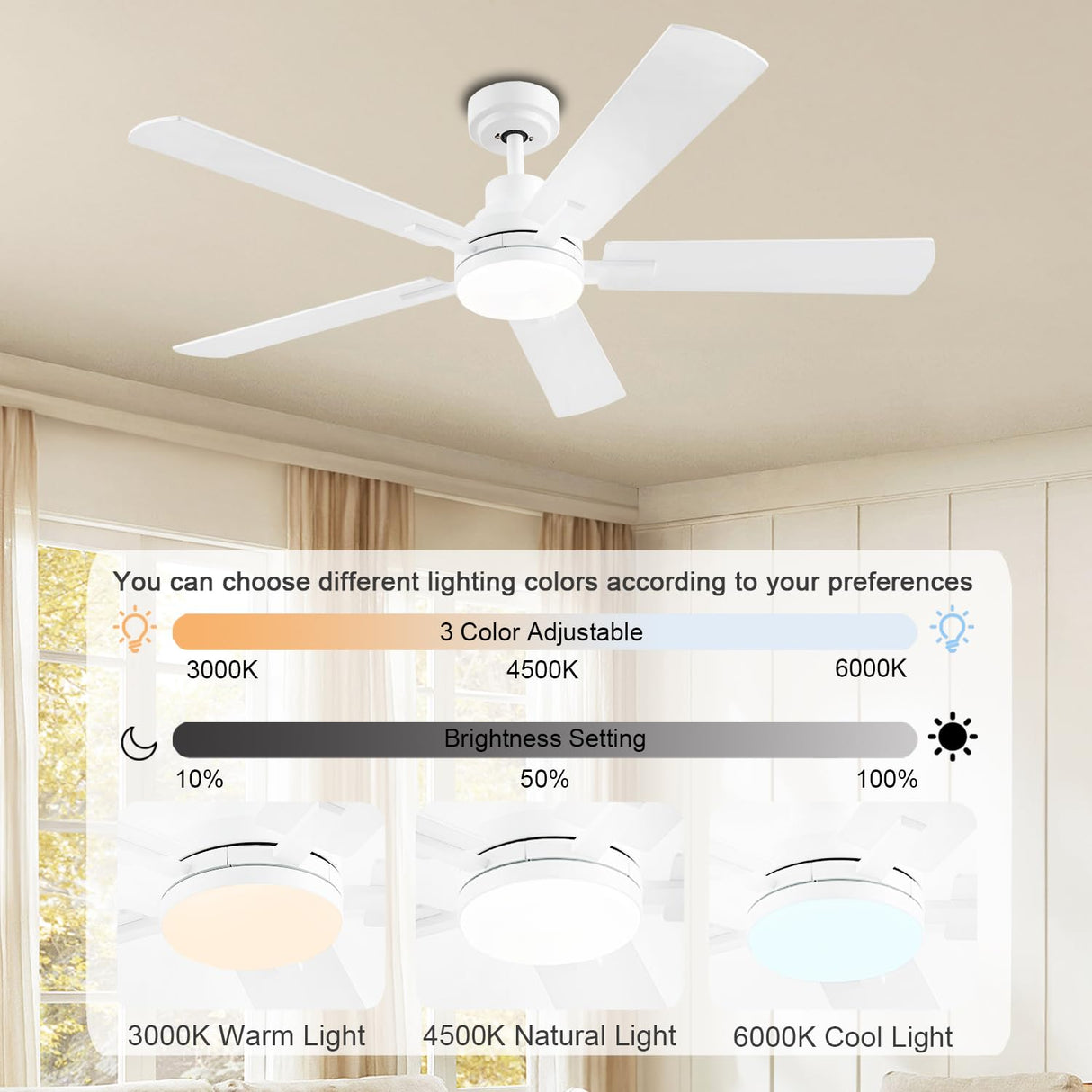 JSAITEE 52 Inch Smart Ceiling Fan with Lights, Remote & App Control, DC Reversible Motor, 8 Speeds Quiet 35dB, 3CCT Dimmable LED, Low Profile Modern Ceiling Fans for Bedroom Living Room, White JSAITEE
