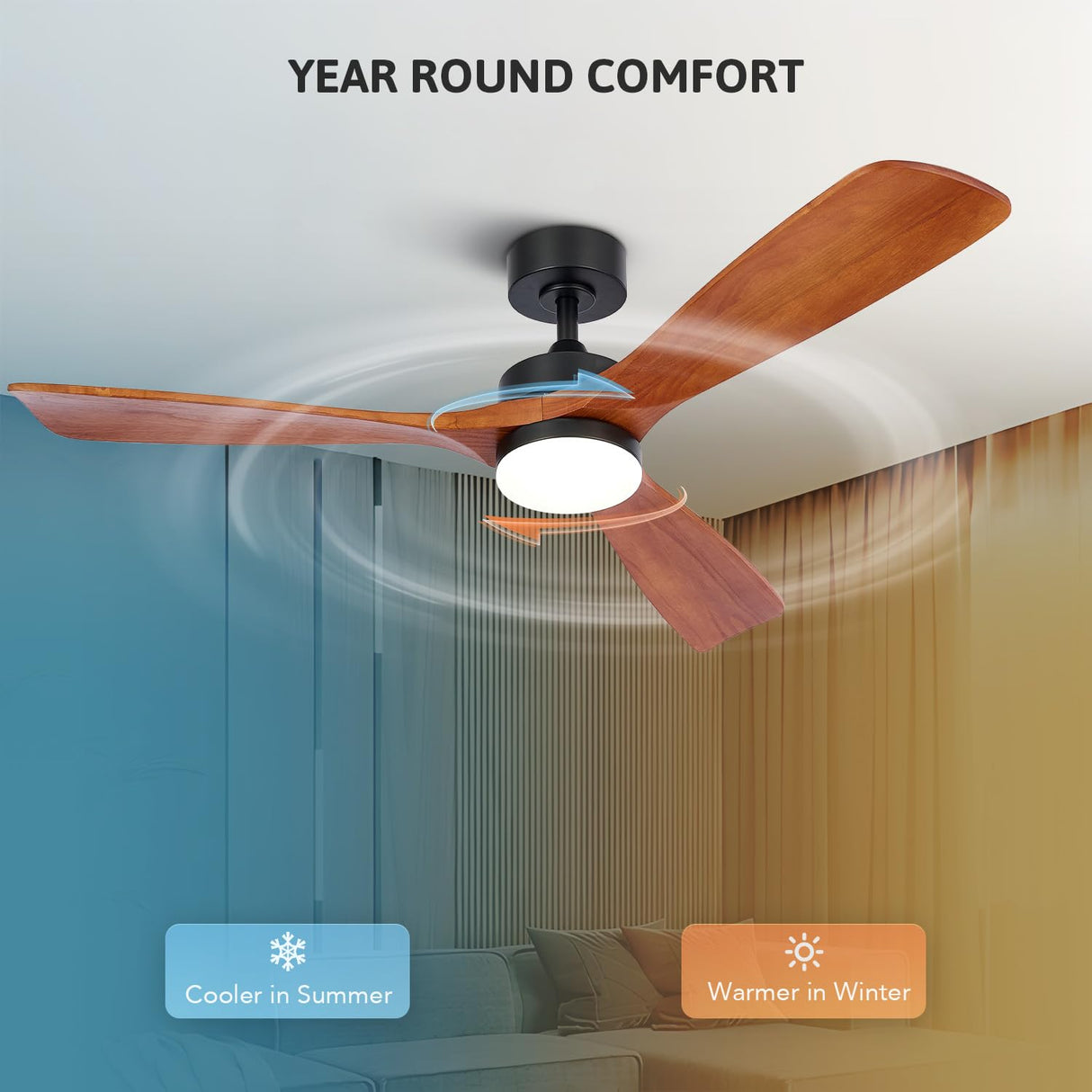 VONLUCE Ceiling Fans with Lights, 52 Inch Outdoor Ceiling Fan with Remote, 6 Speed Reversible Noiseless DC Motor, Wood Ceiling Fan for Indoor Bedroom Farmhouse Patios, Walnut VONLUCE