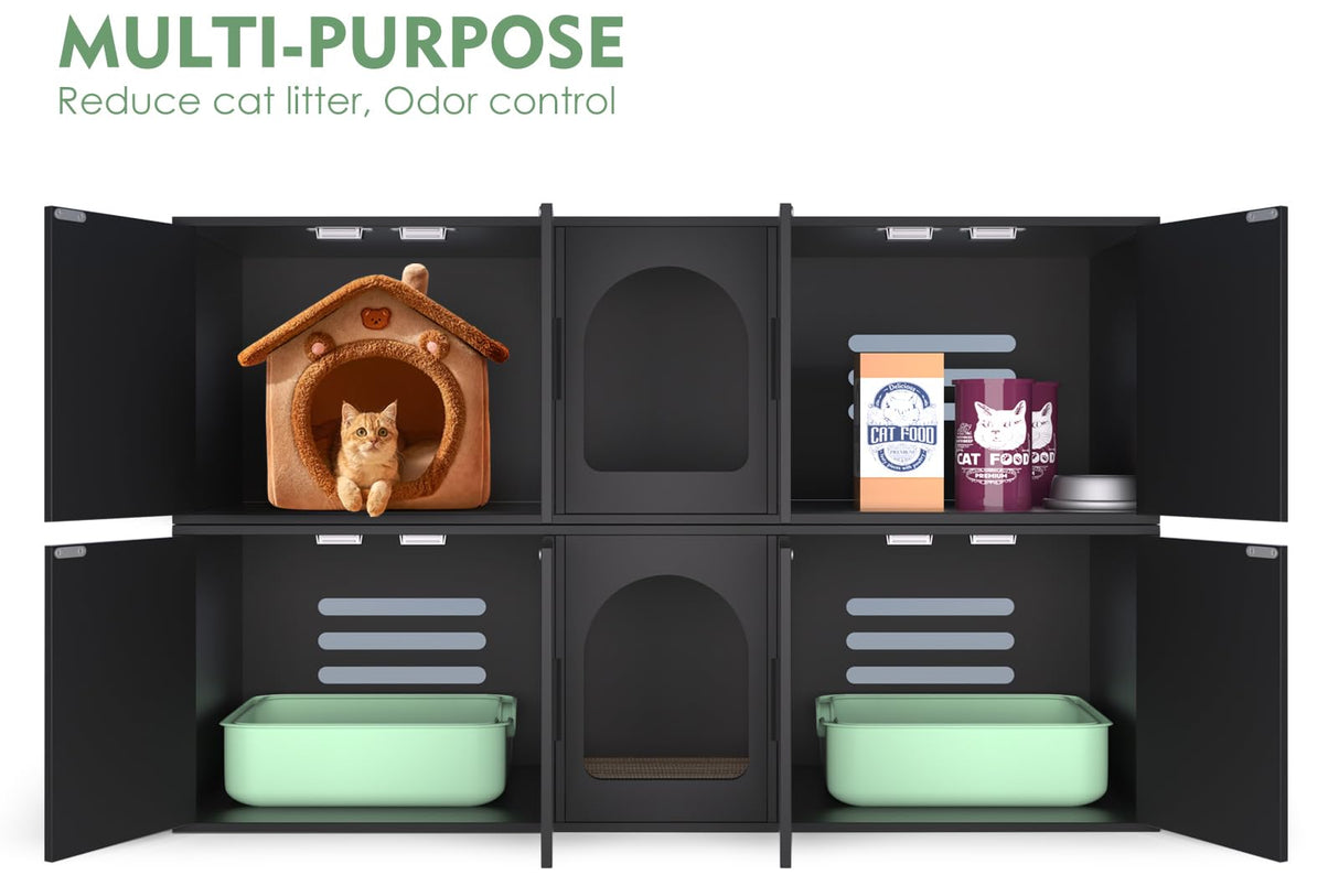 Amunrbrek Litter Box Enclosure for 2 Cats, Cat Litter Box Enclosure Furniture with Double Room, Wooden Litter Box Furniture with Cat Door, Black amunrbrek