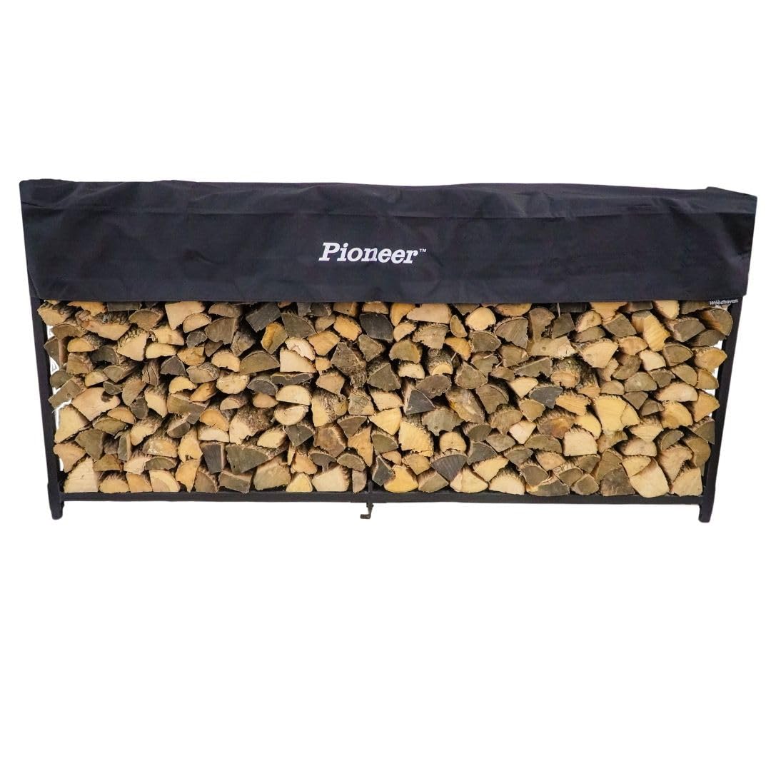 Woodhaven Pioneer 8' Firewood Rack with Cover - Black - Steel Outdoor Log Holder With Cover - Great For Short Wood - Made In The USA - Powder Coat Finish Woodhaven