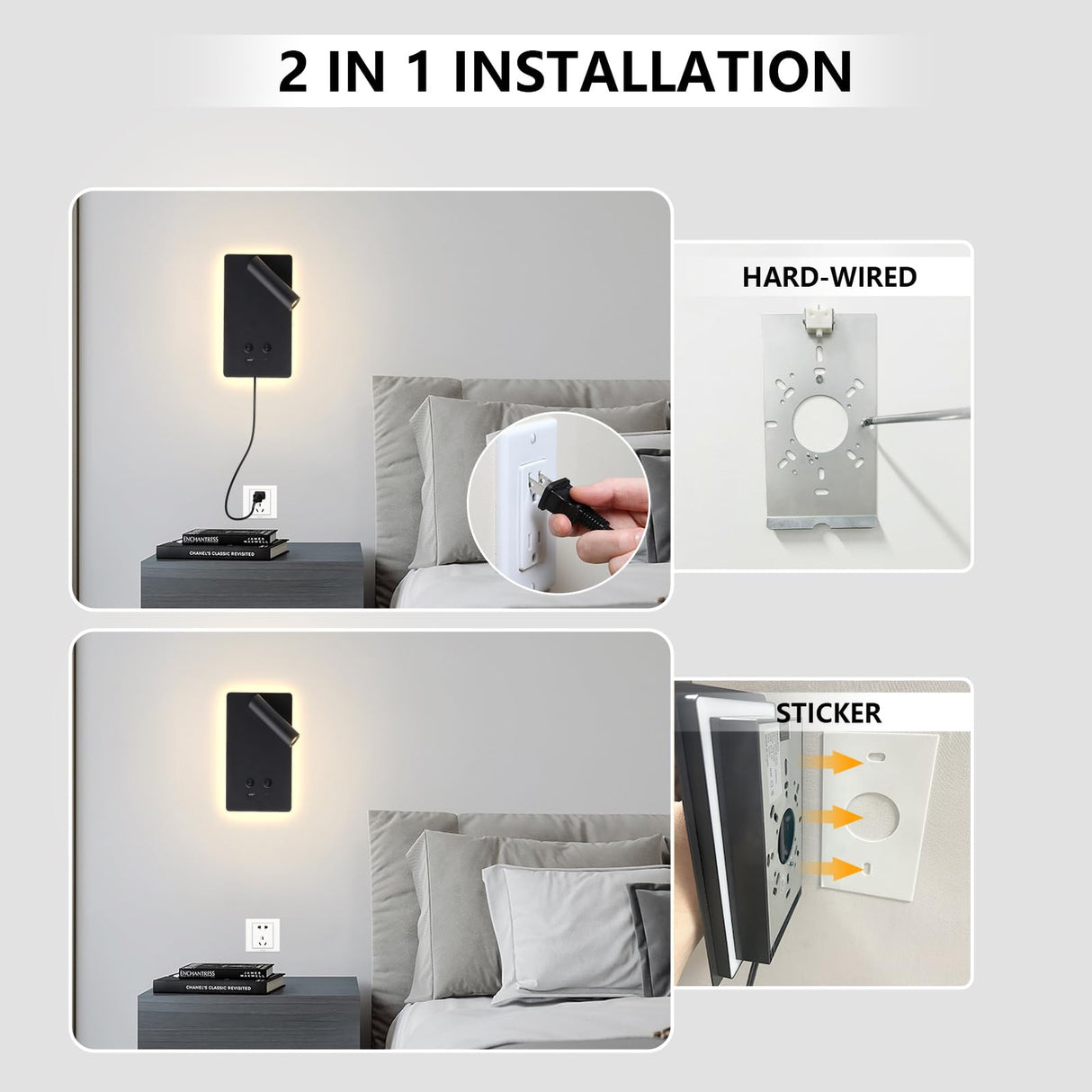 LED Reading Light Wall Mounted Lamp with 3 Brightness Dimmable & USB C+A Ports, Black Bedside Wall Lamps for Bedroom, Wall Sconce with Switch, Bed Lights for Headboard, Hotel, Bunk Bed, Dorm MOLUOLA LIGHTING