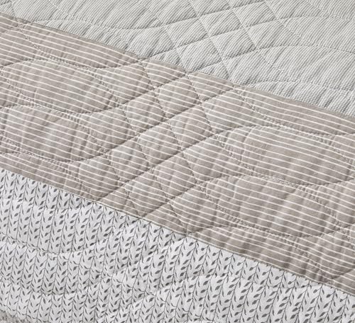 Chezmoi Collection Robyn 3-Piece Neutral Taupe Gray White Floral Hibiscus Flower Patchwork Striped Quilt Set - Pre-Washed Cotton Coverlet - Lightweight Reversible Bedspread, Queen Size Chezmoi Collection