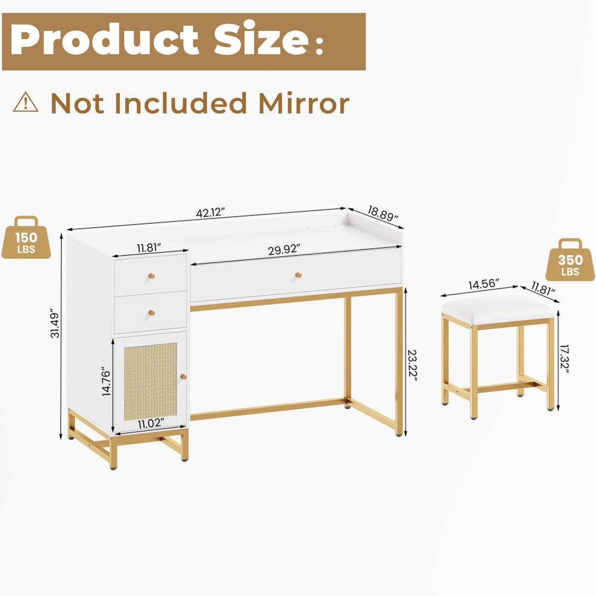 AWQM White Makeup Vanity Desk with Stools,Rattan Vanity Table Set with Power Outlet,Makeup Table Dressing Table with Drawers & Cabinet, Small Vanity Table for Bedroom with Storage,Without Mirror AWQM