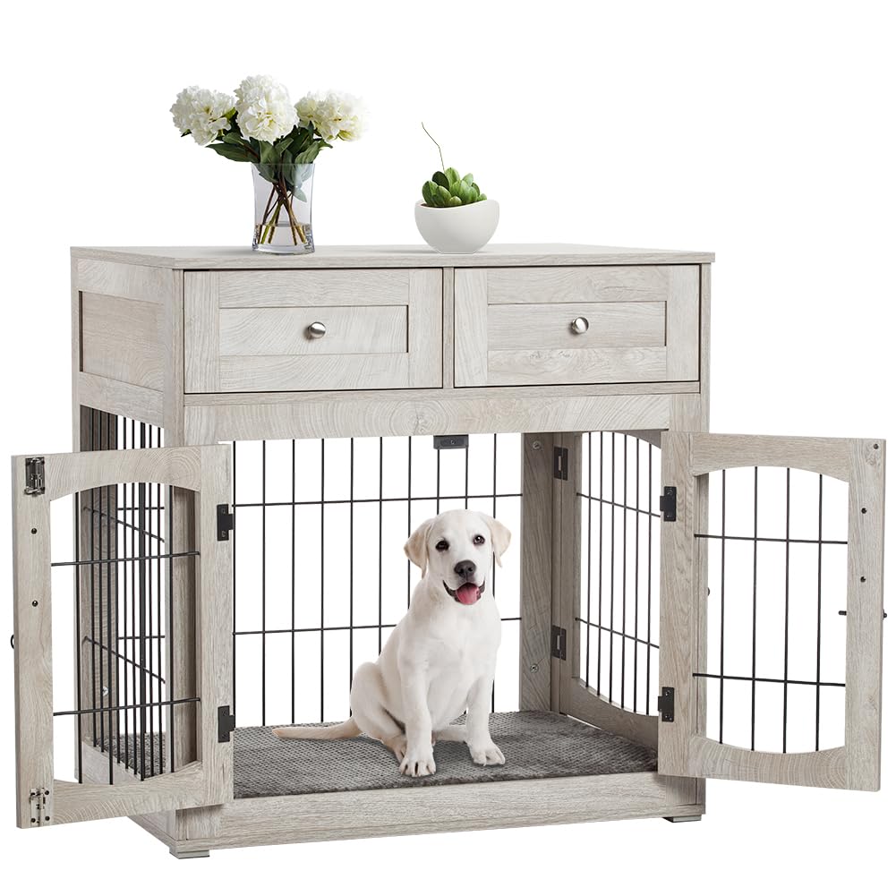 Dog Crate Furniture with Double Drawers, Wooden End Table Dog Kennel, Furniture Style Wood House Crate for Small/Medium/Large Dogs, Decorative Dog Crate with Storage for Large Breed, 32 Inch,Gray IDEALHOUSE