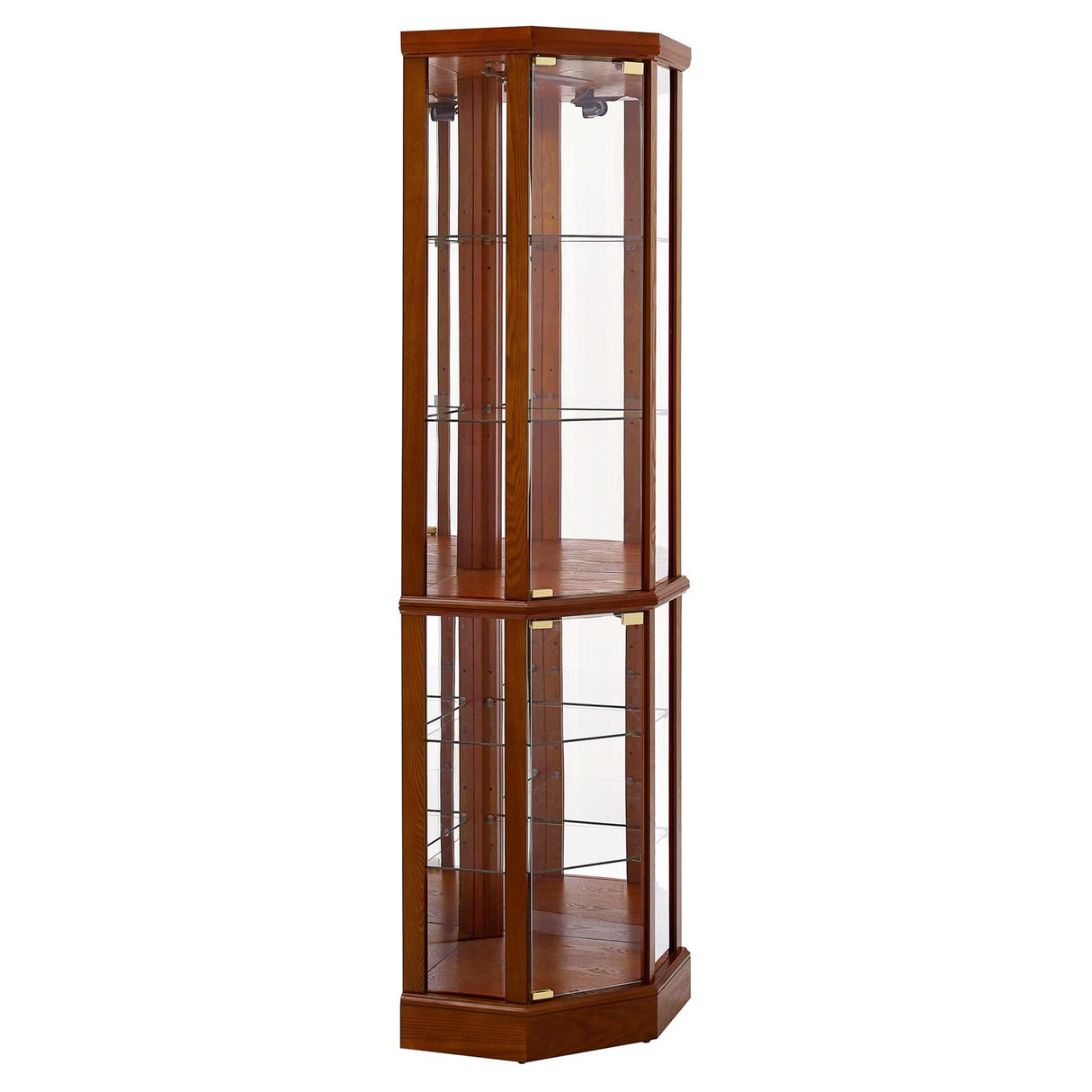 TAMUBAKS Lighted Corner Display Curio Cabinet Wooden Curved Shelving Unit with Tempered Glass Door, Bar and Liquor Storage Area with 6 Shelves - Mirror Back (Oak) TAMUBAKS