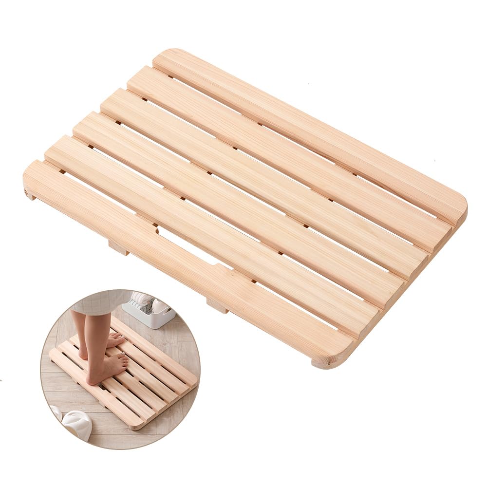 Wooden Bath Mat Non-Slip Hinoki Cypress Wood Shower Mat Waterproof Luxury Spa Bathtub Mat for Indoor or Outdoor Use, 21 x 14 x 1 Inches Rsuwiz