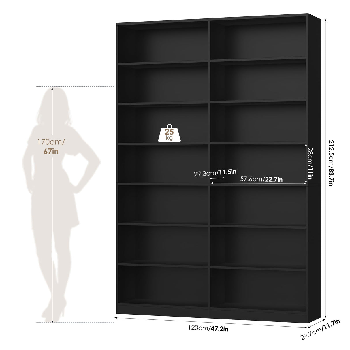 FACBOTALL 83.6" Tall Bookshelf and Bookcase, 7-Tier Extra Large Bookshelf with Double Storage, 14 Open Display Shelves for Home Office, Study and Living Room, Black FACBOTALL