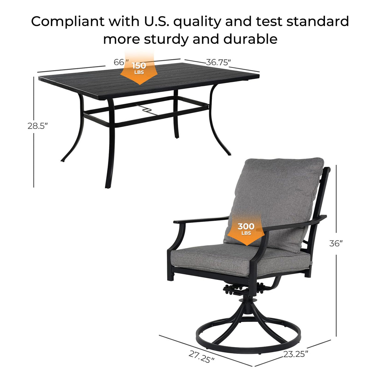 Grand patio 7-Piece Patio Dining Set for 6, E-Coated Outdoor Dining Set Swivel Patio Dining Chairs with Olefin Cushions & 1 Black Rectangular Faux Woodgrain Dining Table with 1.5”Market Umbrella Hole Grand patio