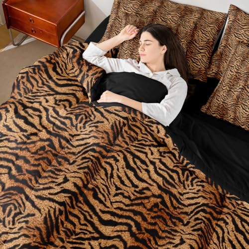 Erosebridal Brown Tiger Print Queen Comforter Set for Women Men Adults - Simulated Animal Fur Printed Wild Tiger Fur Print 7-Piece Bedding Set Tigerish Animal Printed Quilt Duvet Sets Erosebridal