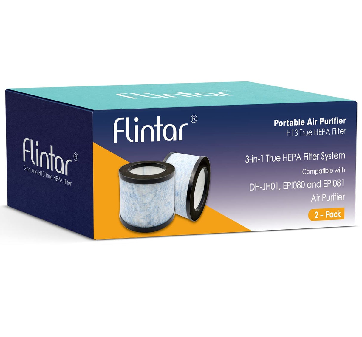 Flintar True HEPA Replacement Filter, Compatible with AROEVE MK01 MK06 and Kloudi Air Purifier DH-JH01, TZ-K1, Intelabe EPI080, and Elechomes EPI081, H13 Premium True HEPA Filter, 2-Pack Flintar