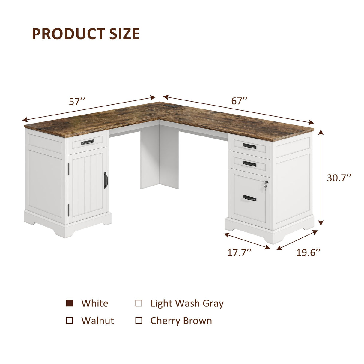 Whalefall Farmhouse L Shaped Desk with Drawers, 67 Inch Executive Home Office Desk with File Cabinet, Computer Corner Desk with Charging Station, White Whalefall