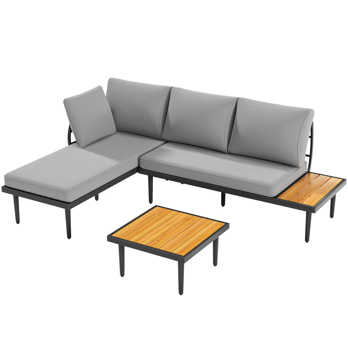 Devoko Outdoor Sectional Furniture Patio Sectional Sofa with Acacia Wood Table, Patio L-Shaped Conversation Set with All-Weather Cushion for Patio,Garden,Backyard(Gray) Devoko