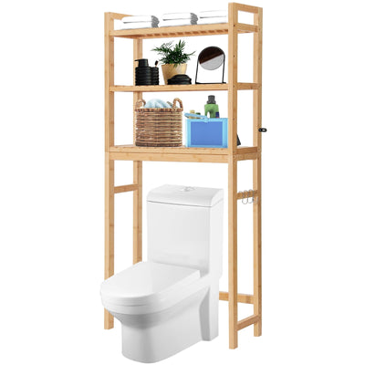 HITOMEN 3-Tier Bamboo Over The Toilet Storage Cabinet with Adjustable Shelves and Hooks