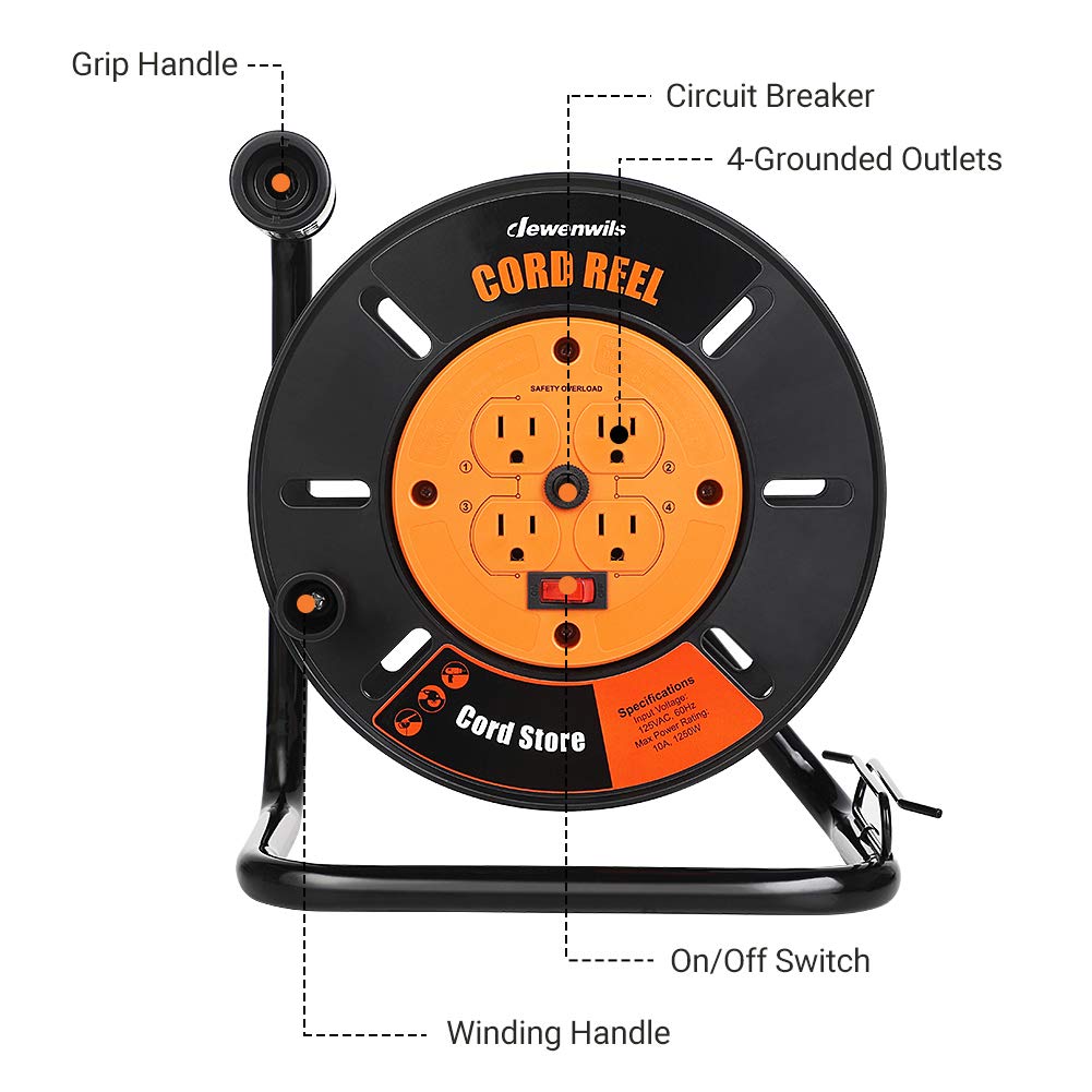 DEWENWILS Extension Cord Storage Reel with 4-Grounded Outlets, Heavy Duty Open Cord Reel for 12/3,14/3,16/3 Gauge Power Cord, Hand Wind Retractable, 10A Circuit Breaker, Rocker Power Switch DEWENWILS