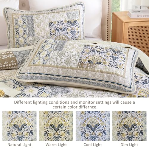 WONGS BEDDING Boho Quilt Set Queen, 3 Pieces Beige Patchwork Bedspread Coverlet Set,Soft Lightweight Microfiber Bohemian Floral Pattern Bedding Set for All Season (96"X90") WONGS BEDDING