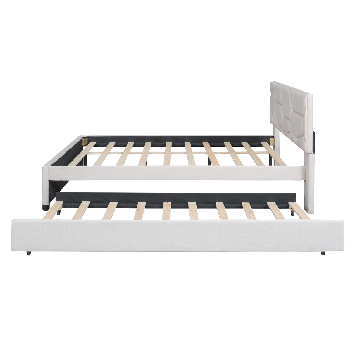 DNYN Queen Size Upholstered Platform Bed with Trundle(Twin XL) for Kids,Adult,Solid Wood Linen Bedframe w/Brick Pattern Headboard,No Box Spring Needed & Super Save Space, Beige DNYN