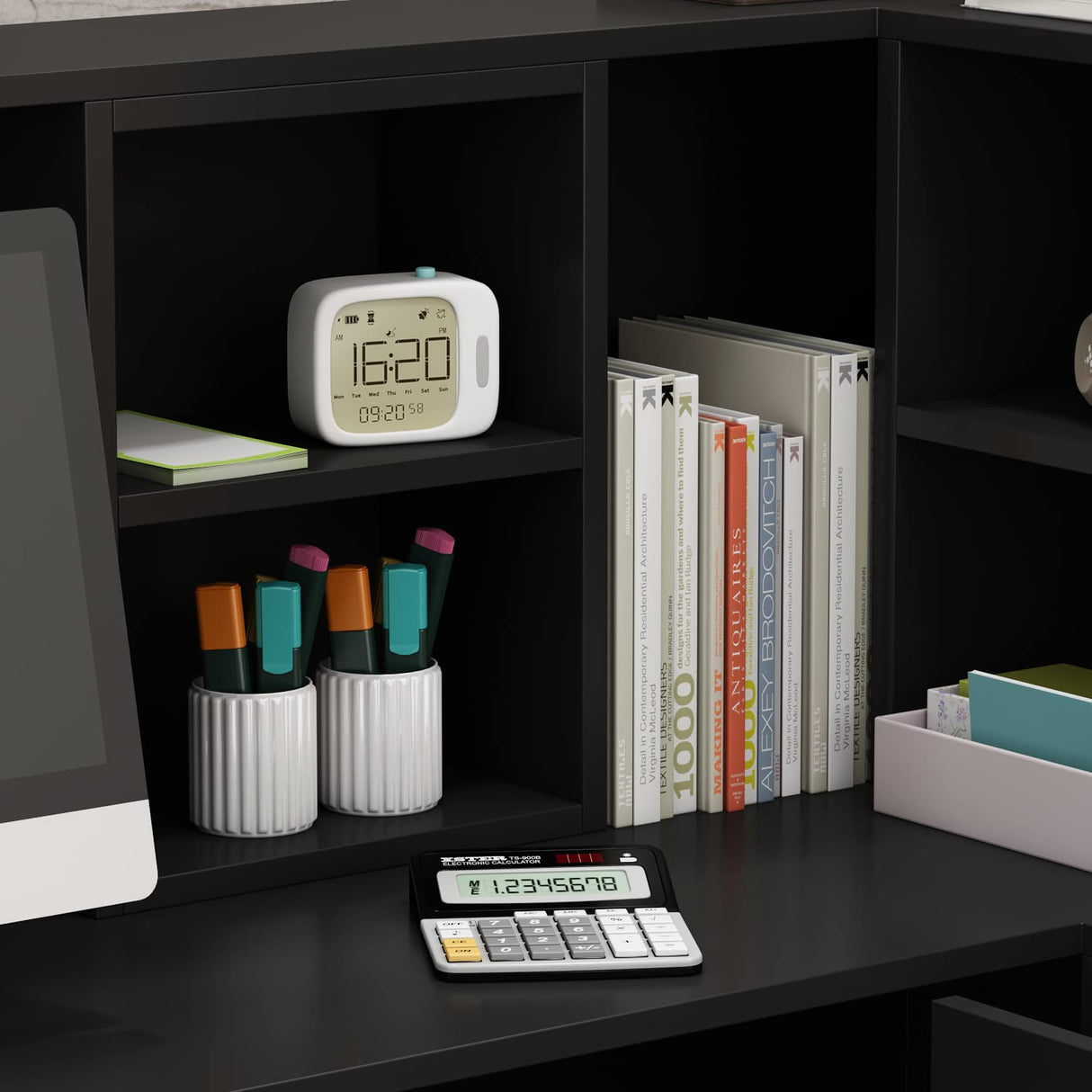 Hitow Modern Reception Desk Counter Table, L-Shap Reception Room Front Desk with Lockable Drawer & Open Shelves, Retail Counter for Salon Checkout Office, Black (55.9" W x 32.3" D x 48.4" H) Hitow